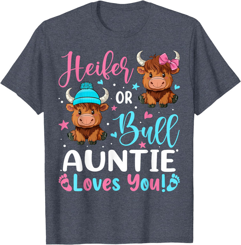 Reveal Party Highland Cow Bull or Heifer Auntie Loves You Highland Cow Lover T-Shirt - Heather Blue