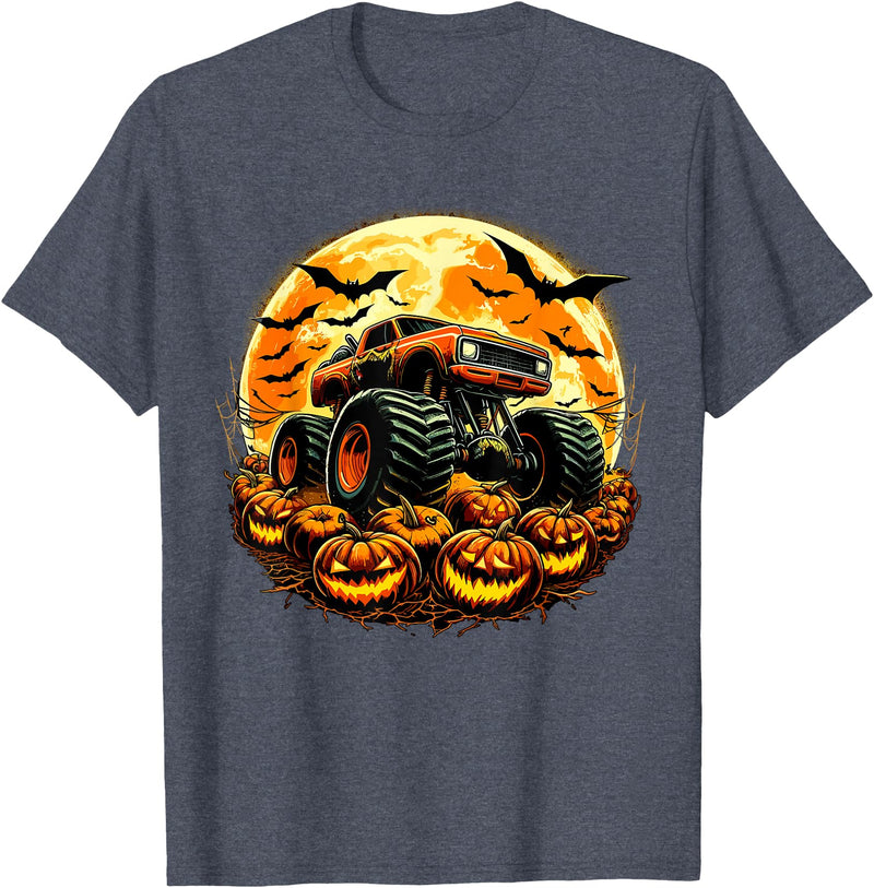 Halloween Monster Truck Designs Monster Truck Halloween Jack O Lantern Moon Pumpkin T-Shirt - Heather Blue