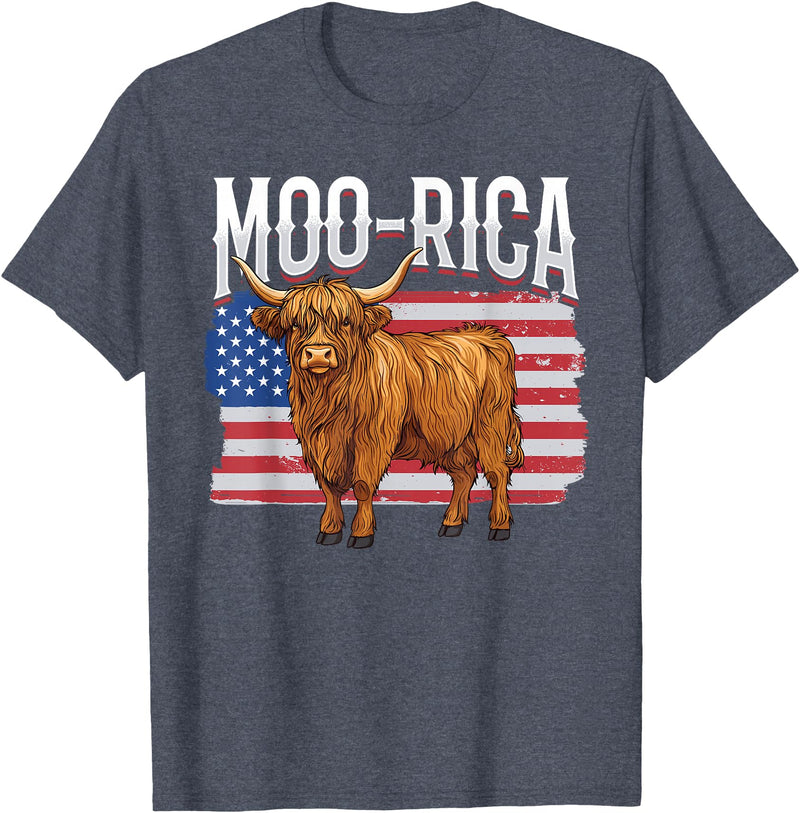 Funny Scottish Highland Cow 4th of July Scottish Highland Cow 4th of July Independence Day Moo-rica T-Shirt - Heather Blue