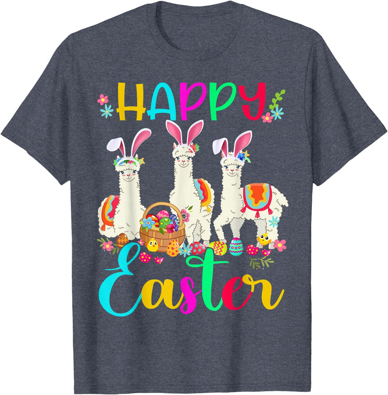 Happy Easter Three Llama Wearing Bunny Ear Happy Easter Llama Lover Three Llama Wearing Bunny Ear T-Shirt - Heather Blue