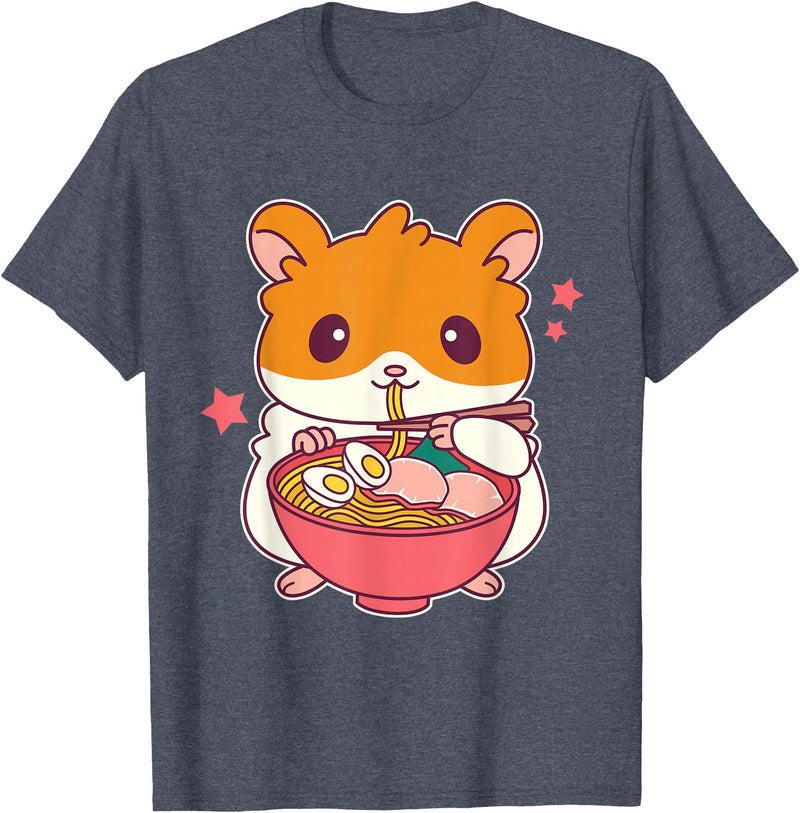 Cute Hamster Eating Ramen Hamster Lovers T-Shirt - Heather Blue