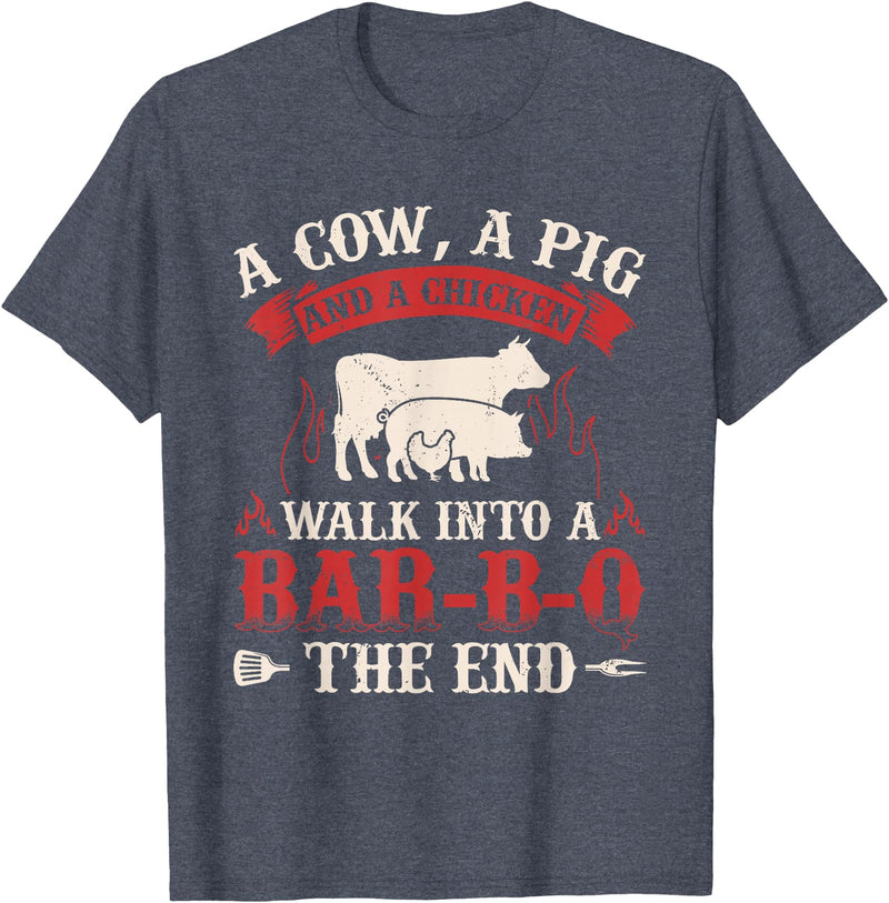 Funny Barbecue Lover Gifts & BBQ Fan Outfits Funny Barbecue Cow Pig Chicken Graphic Meat Smoking BBQ T-Shirt - Heather Blue