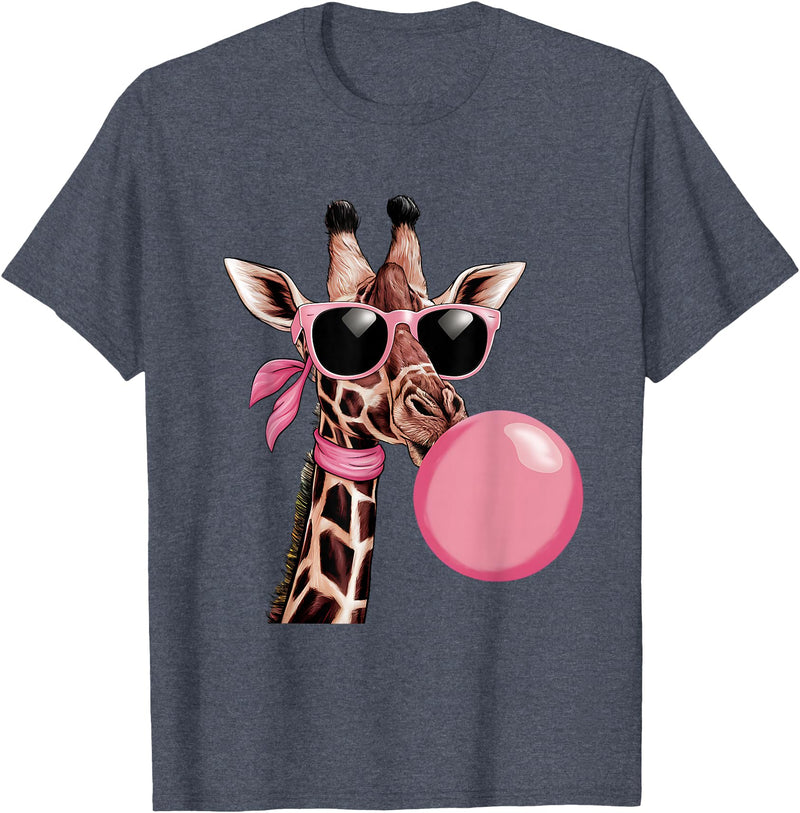 Funny Giraffe Lover Design Outfit Funny Cute Giraffe Pink Bubble Gum and Pink Sunglasses T-Shirt - Heather Blue