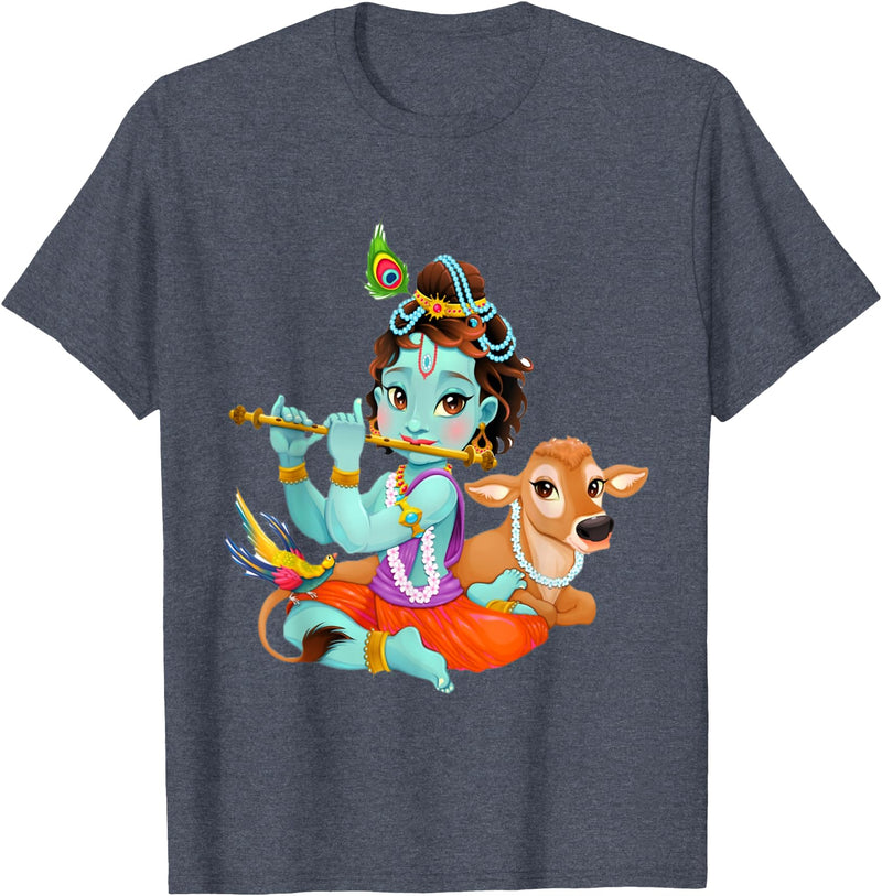Clever Witty Designs Hindu god Lord Shri Krishna with a Cow and a Bird T-Shirt - Heather Blue