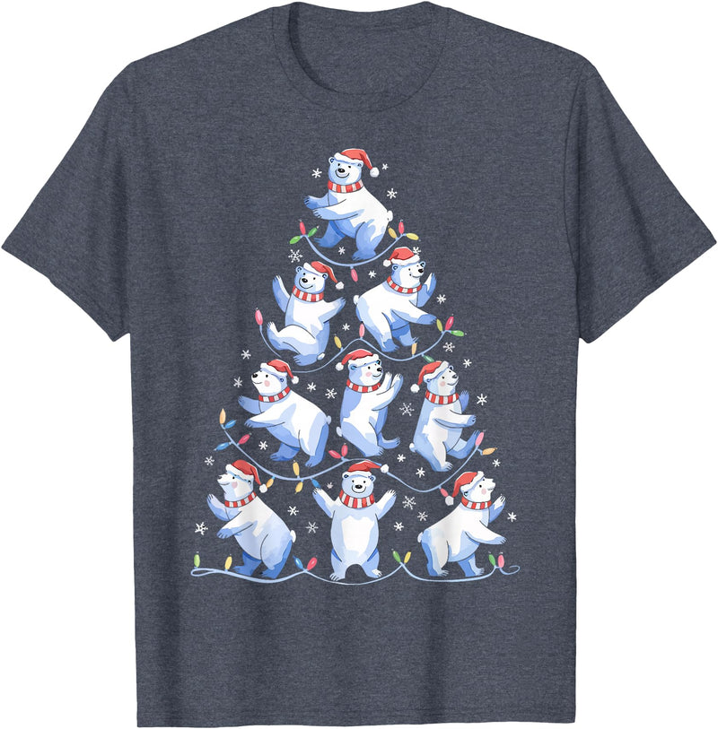 White Giant Christmas Tree Lights Santa Hats Polar Bear Christmas Tree Funny Ice Bear Holiday T-Shirt - Heather Blue