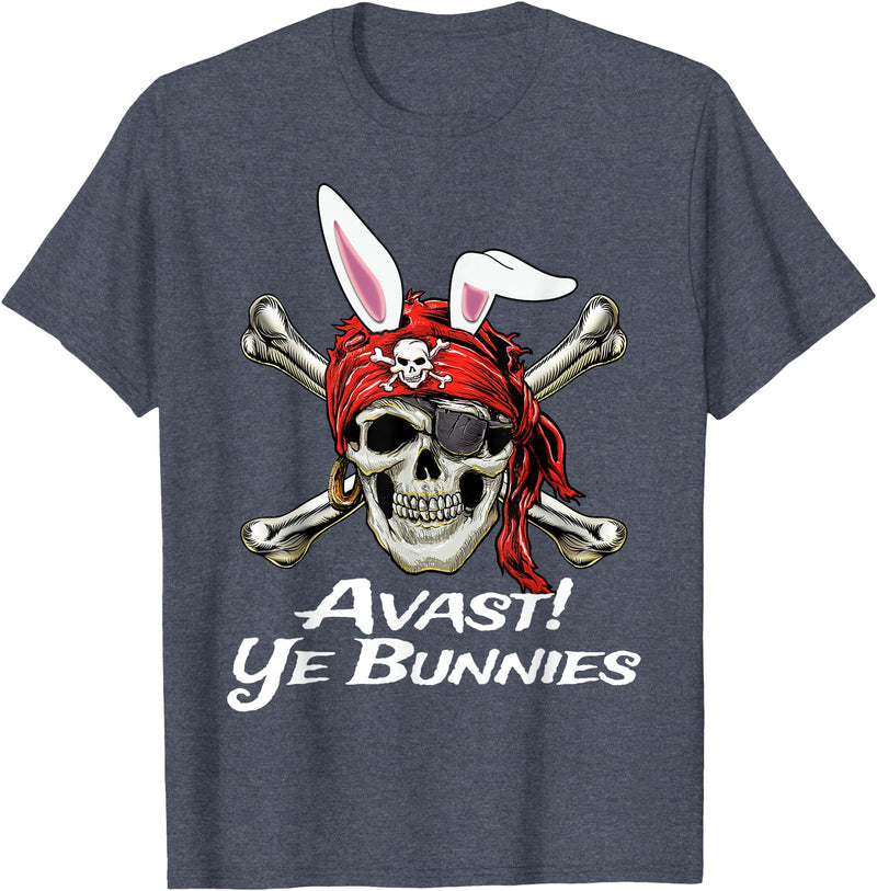 Funny Pirate Skull and Crossbones Avast Ye Bunnies Easter T-Shirt in Heather Blue