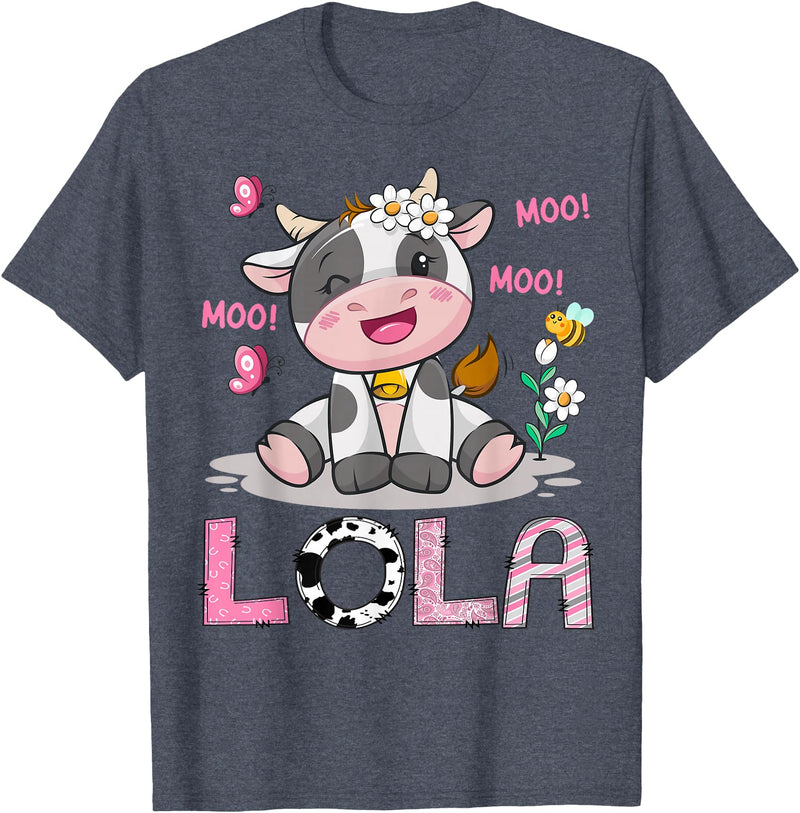 Birthday Girl Party Cow Lover Lola Cute Cow Moo Moo Farmer Birthday Girl Matching T-Shirt - Heather Blue