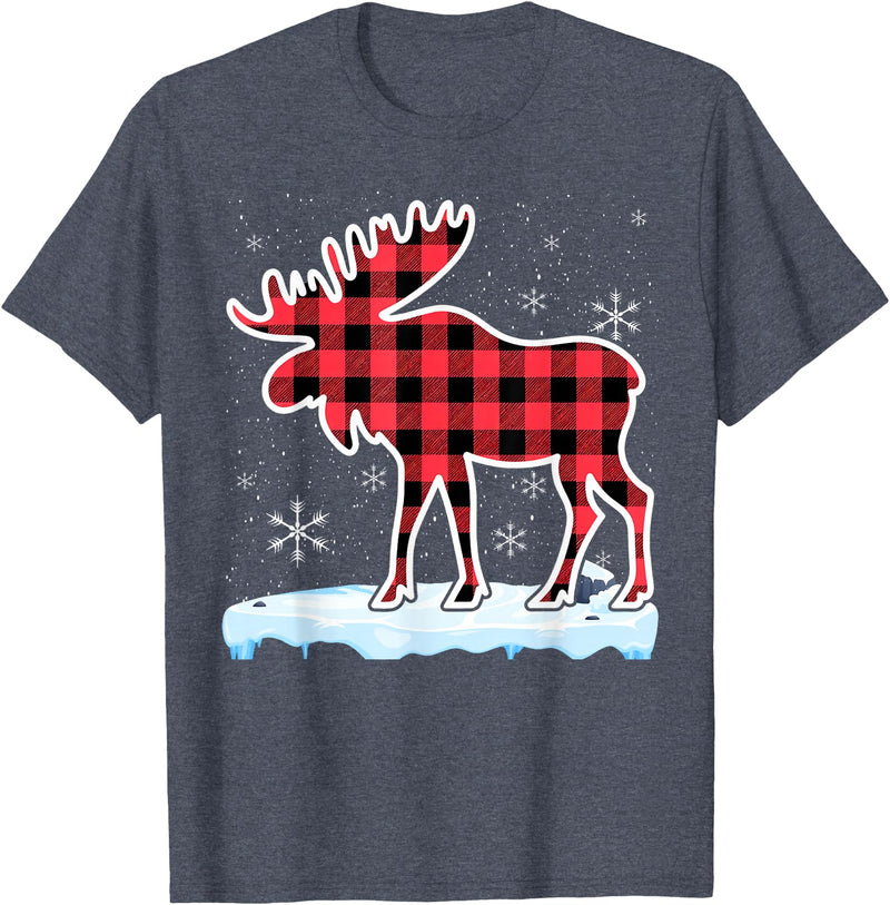 Moose Buffalo Lover Gift Co. Moose Red Buffalo Plaid Matching Pajama Family T-Shirt - Heather Blue