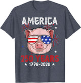 Pig Face 4th of July 1776-2026 Anniversary 250th Pig Sunglasses American Flag America 250 Years Tee 250yr Tee T-Shirt - Heather Blue