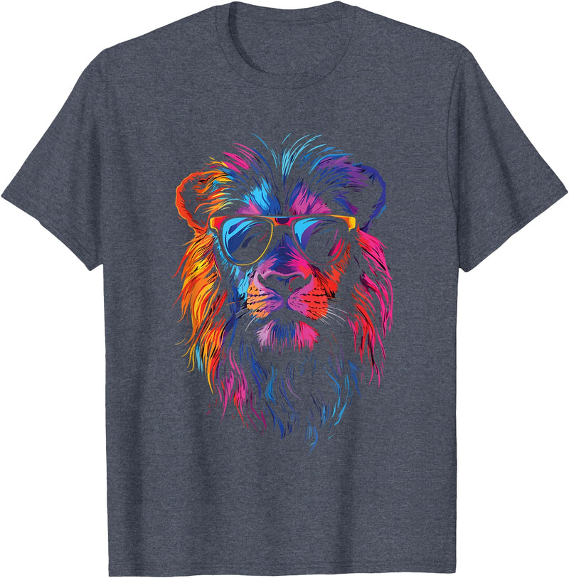 Wild Animal Graphic Jungle Tees Colorful Lion with Sunglasses Bold King of The Jungle T-Shirt - Heather Blue