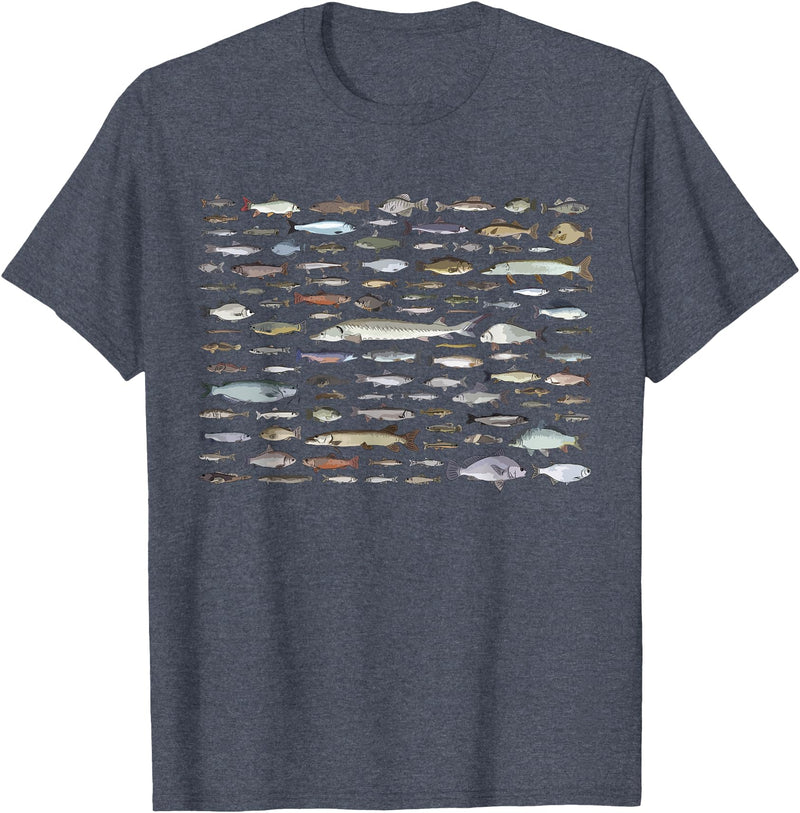 100 Types Of Fish Species Tee 100 Types of Freshwater Fish Species Fishing T-Shirt - Heather Blue