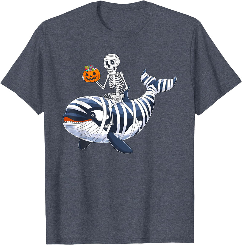 Orca Skeleton Halloween Whale Apparel Co. Skeleton Riding Mummy Orca Halloween Candy Whale T-Shirt - Heather Blue