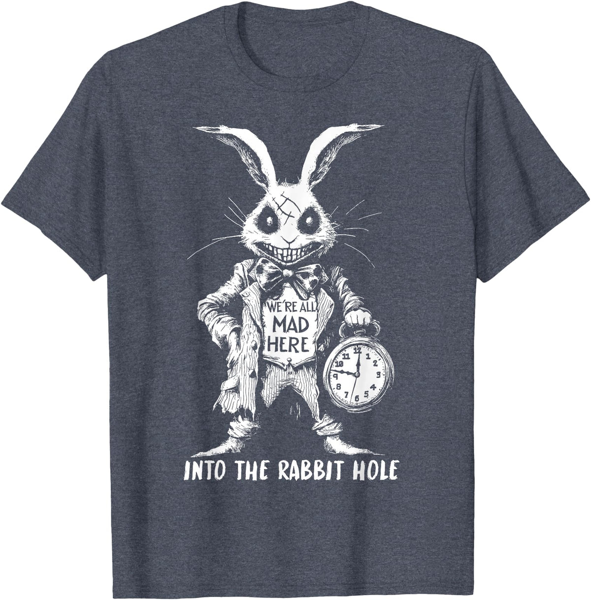 The Creepy White Rabbit in Wonderland Horror Fantasy Art T-Shirt in Heather Blue