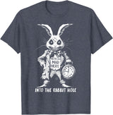 The Creepy White Rabbit in Wonderland Horror Fantasy Art T-Shirt in Heather Blue