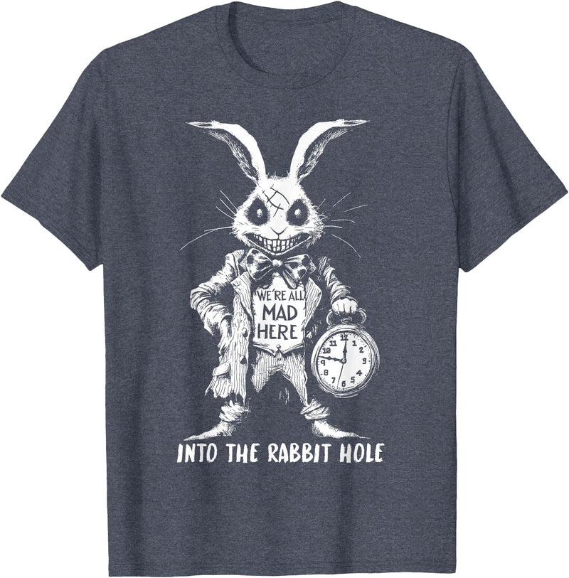 The Creepy White Rabbit in Wonderland Horror Fantasy Art T-Shirt in Heather Blue