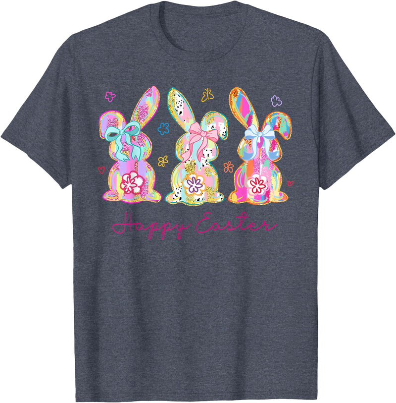 Funny Bunny Three Rabbits Eggs Happy Easter Tie Dye Trendy T-Shirt in Heather Blue
