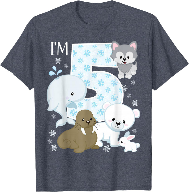 Arctic Animals Birthday Party Family Matching Bday Arctic Animals 5th Birthday Polar Bear Walrus Fox Sea Theme T-Shirt - Heather Blue