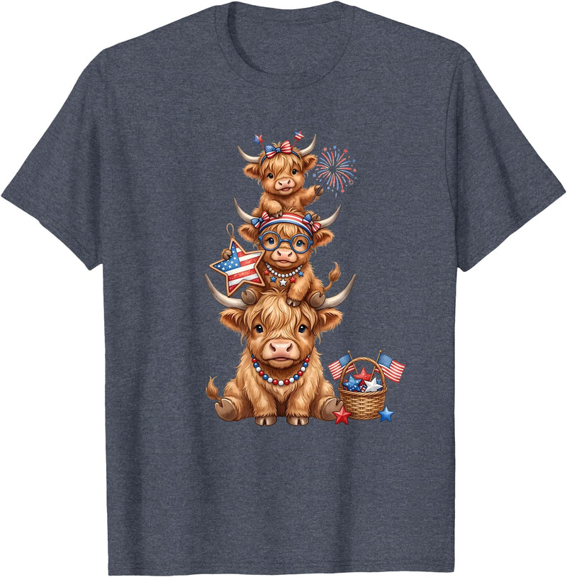Funny 4th Of July Highland Cow Apparel Cute Highland Cow 4th of July Patriotic American Flag T-Shirt - Heather Blue