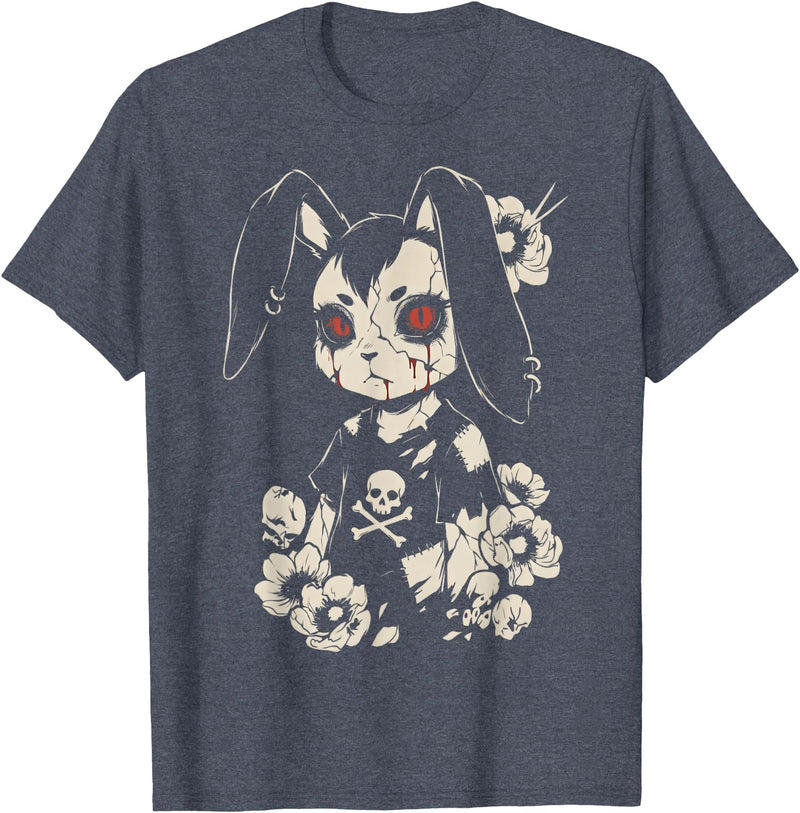 Creepy Bunny Rabbit Japanese Kawaii Manga Horror Goth T-Shirt in Heather Blue