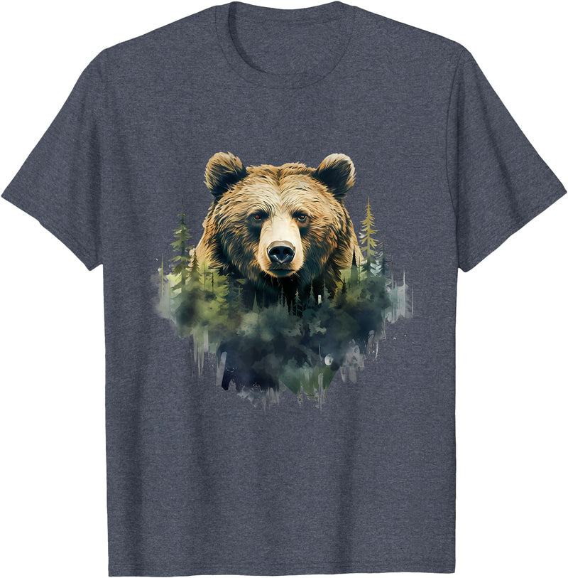 Bear Forest Animal Art Portrait Forest Artwork Wildlife T-Shirt - Heather Blue