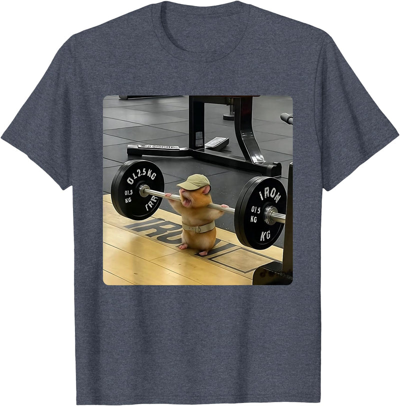 Hamster Deadlift Training Funny Cute Rat Weightlifting Meme T-Shirt - Heather Blue