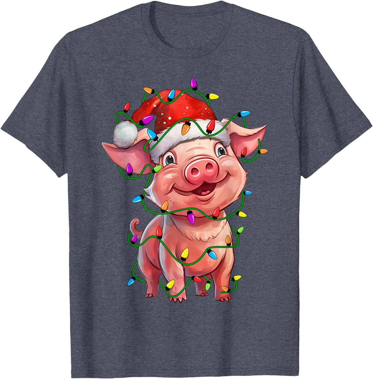 Pig Lovers Christmas Tree Lights Pig Santa Christmas Tree Lighting Xmas Funny T-Shirt - Heather Blue