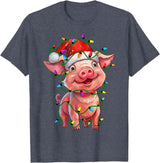 Pig Lovers Christmas Tree Lights Pig Santa Christmas Tree Lighting Xmas Funny T-Shirt - Heather Blue