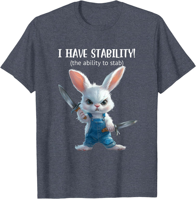 Stabby Cute Bunny - I Have Stability - Ability to Stab Funny T-Shirt in Heather Blue