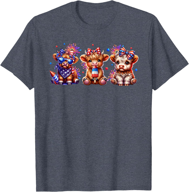 July 4th Highland Cow Farm Lovers American Costume Highland Cow Cattle Animal Lover Patriotic 4th of July T-Shirt - Heather