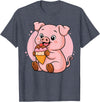 Funny Cute Pig Ice Cream Kawaii Design Pig Eating Ice Cream Graphic Boys Girls Pig Lover T-Shirt - Heather Blue