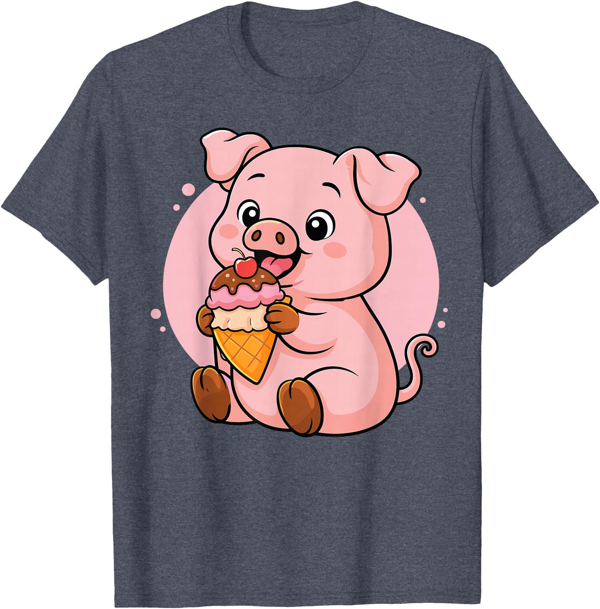 Funny Cute Pig Ice Cream Kawaii Design Pig Eating Ice Cream Graphic Boys Girls Pig Lover T-Shirt - Heather Blue