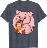 Funny Cute Pig Ice Cream Kawaii Design Pig Eating Ice Cream Graphic Boys Girls Pig Lover T-Shirt - Heather Blue