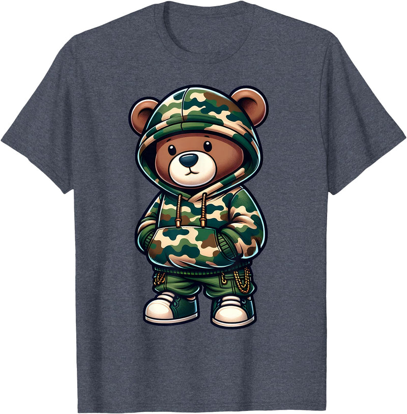 Camo Teddy Bear Hip Hop Designs for Men & Boys Camo Hip Hop Teddy Bear Camouflage Gangsta Streetwear Hustle T-Shirt - Heather Blue