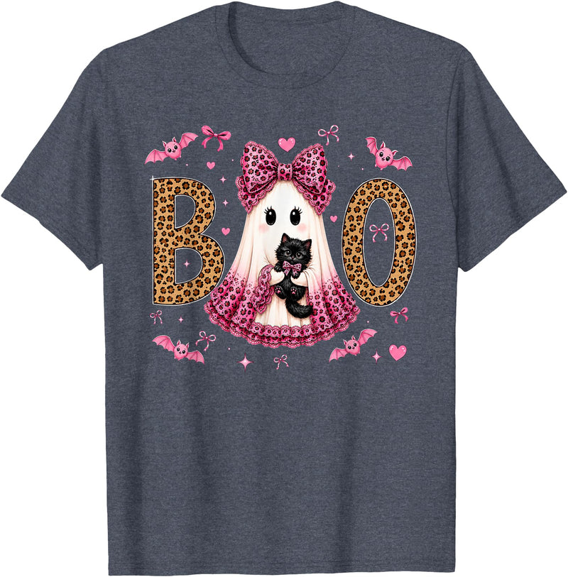 Bow Boo Halloween Costumes Apparel Women Girls Coquette Bow Boo Ghost Leopard Halloween Black Cat Womens T-Shirt - Heather