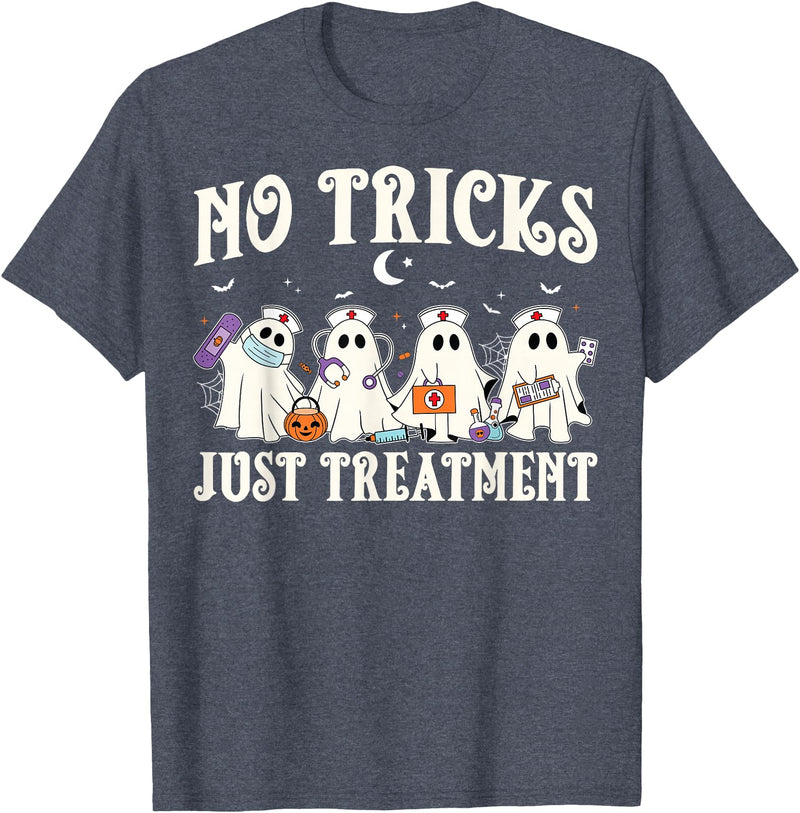 Halloween Nurse Gifts Co. No Tricks Just Treatment Nurse Ghost RN Spooky Halloween T-Shirt - Heather Blue