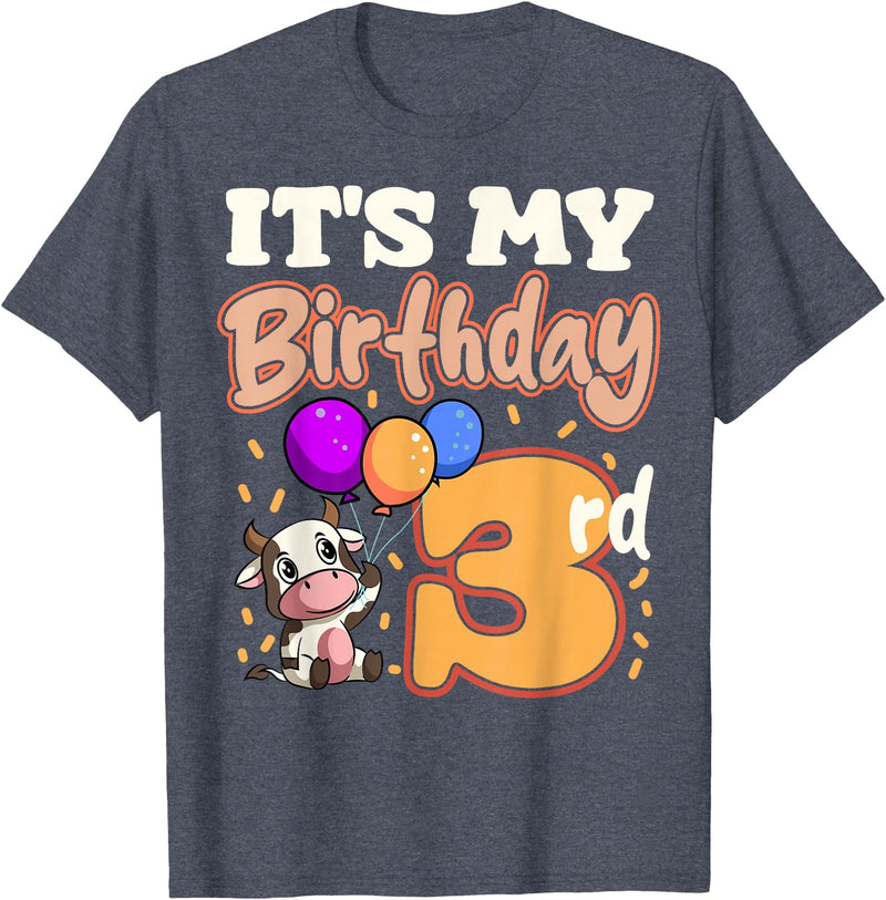 Cow Birthday 3 Party Farmyard Apparel Cow 3rd Birthday Party Balloons Moo Farm Animal Vet Barn T-Shirt - Heather Blue