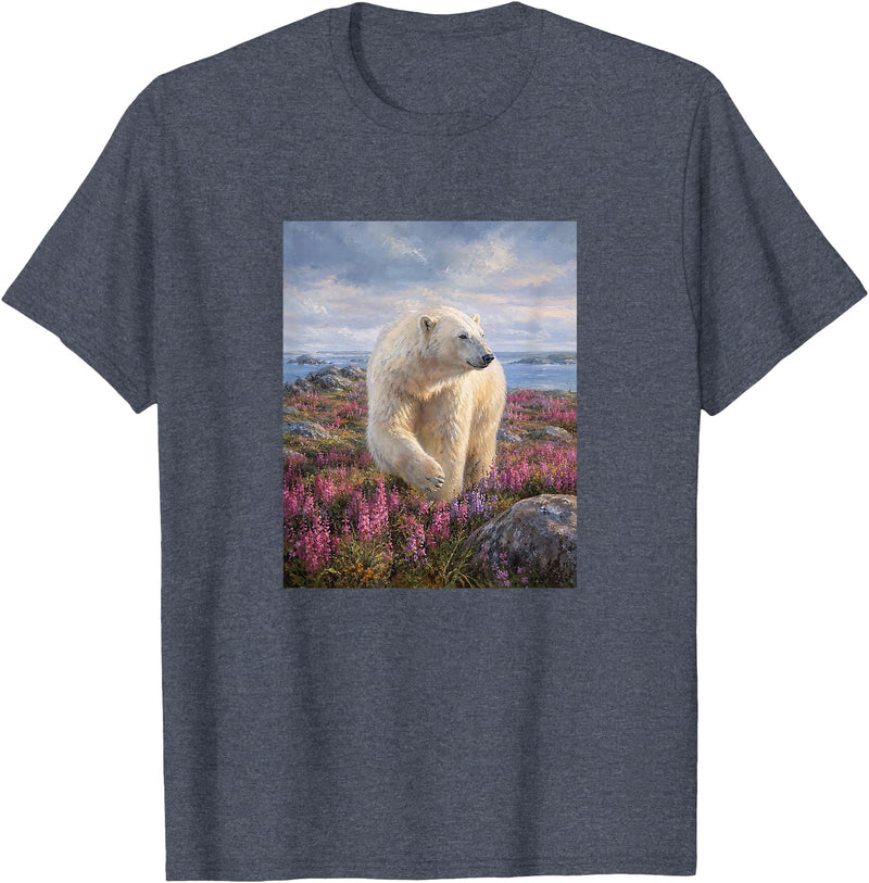 Dee Claire Art & Designs Polar Bear Summer Wildflower Meadow Nature Artwork T-Shirt - Heather Blue