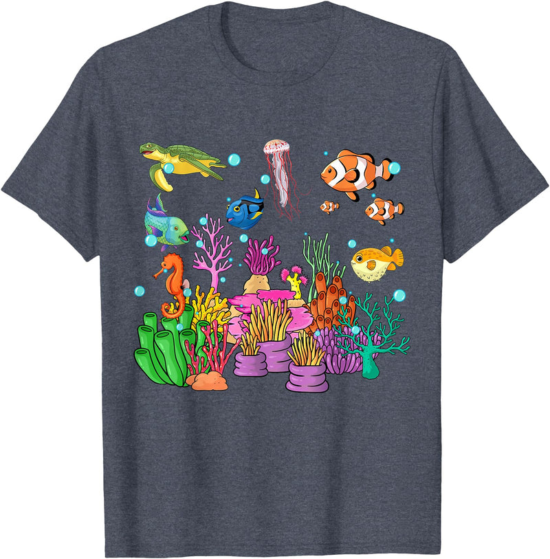 MASH MOSH Coral reef with colorful tropical Fish, Marine Life T-Shirt - Heather Blue