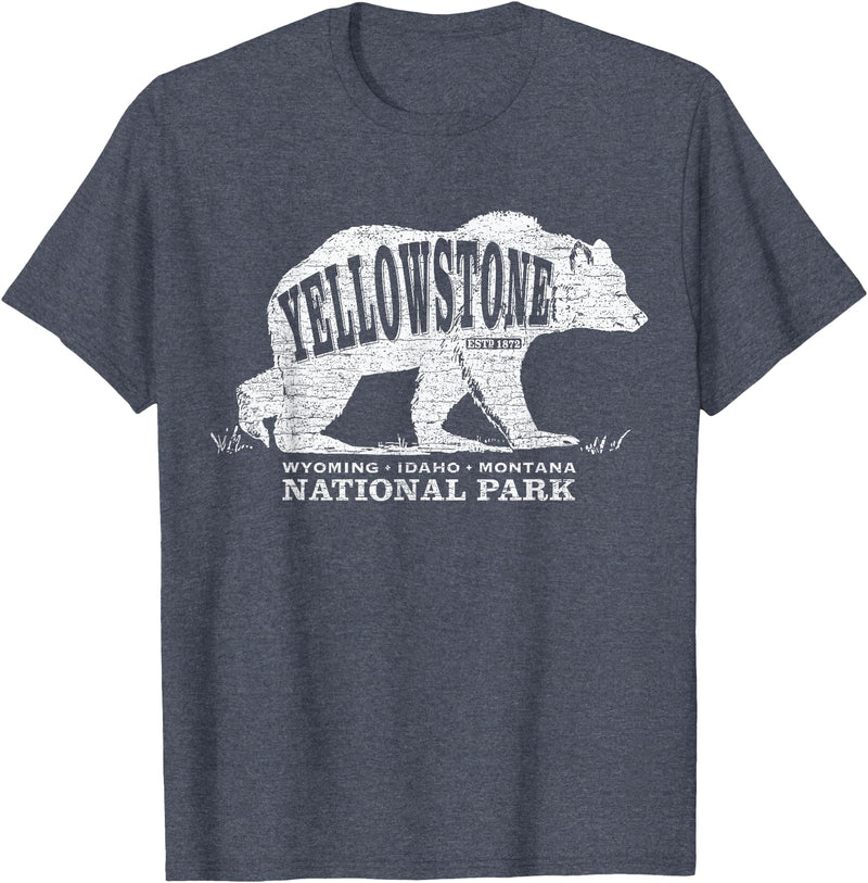 Vintage Yellowstone Retro Tees Tanks Tops Grizzly Bear Yellowstone National Park Est. 1872 T-Shirt - Heather Blue