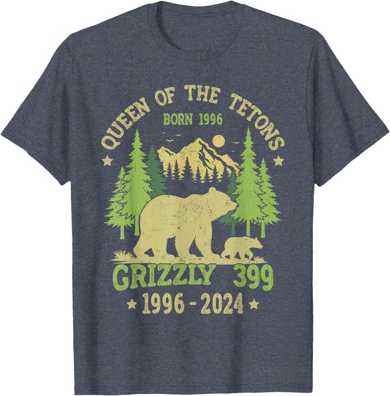 Vintage National Park Outfits Bear Lovers Apparel. Queen Of The Tetons Grizzly 399 National Park 1996-2024 T-Shirt - Heather Blue