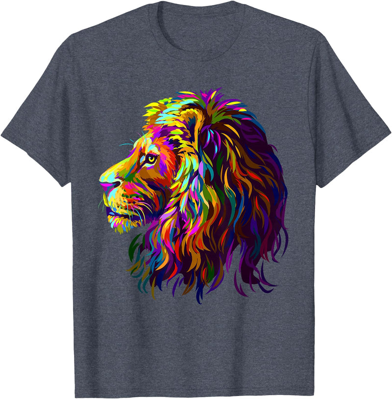 Lion Artistic For Men Women Kids Colorful Lion Head Design Pop Art Style T-Shirt - Heather Blue