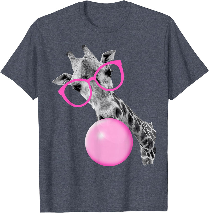 Pink Glasses and Bubblegum Animals Cool Giraffe Blowing Bubble with Pink Glasses – Funny Animal T-Shirt - Heather Blue