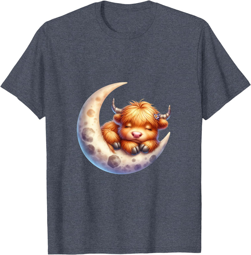 Cute Baby Highland Cow Sleeping on the Moon Heifer Farm T-Shirt - Heather Blue