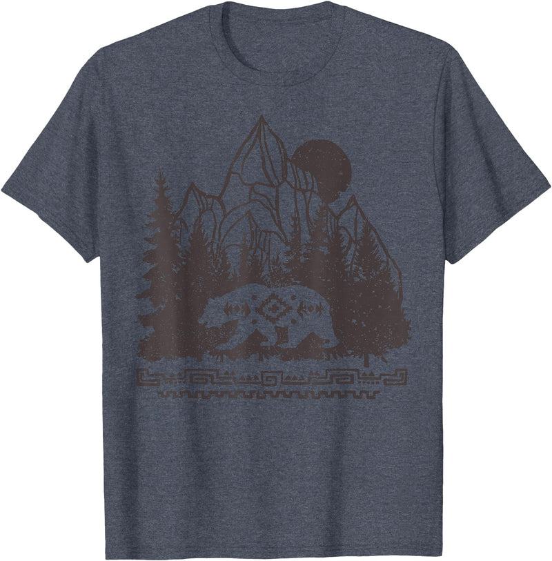 Trendy Apparel Cali Bear Forest And Mountains Background T-Shirt - Heather Blue