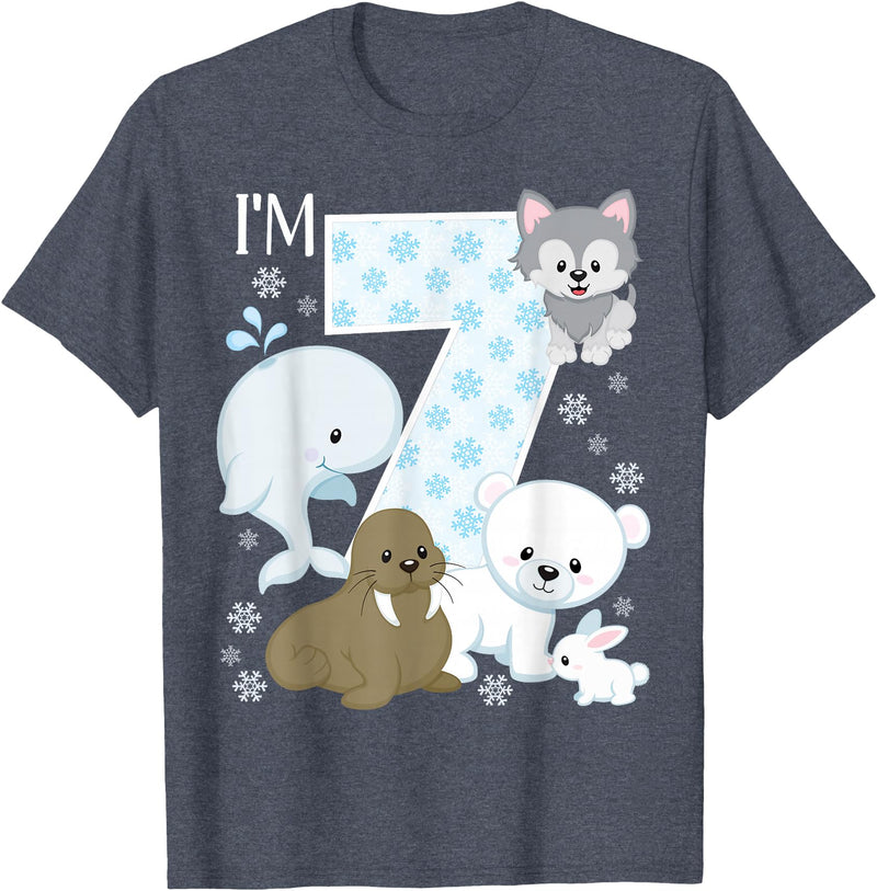 Arctic Animals Birthday Party Family Matching Bday Arctic Animals 7th Birthday Polar Bear Walrus Fox Sea Theme T-Shirt - Heather Blue
