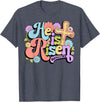 Floral He Is Risen Happy Easter Christian Bible Verse Faith T-Shirt in Heather Blue
