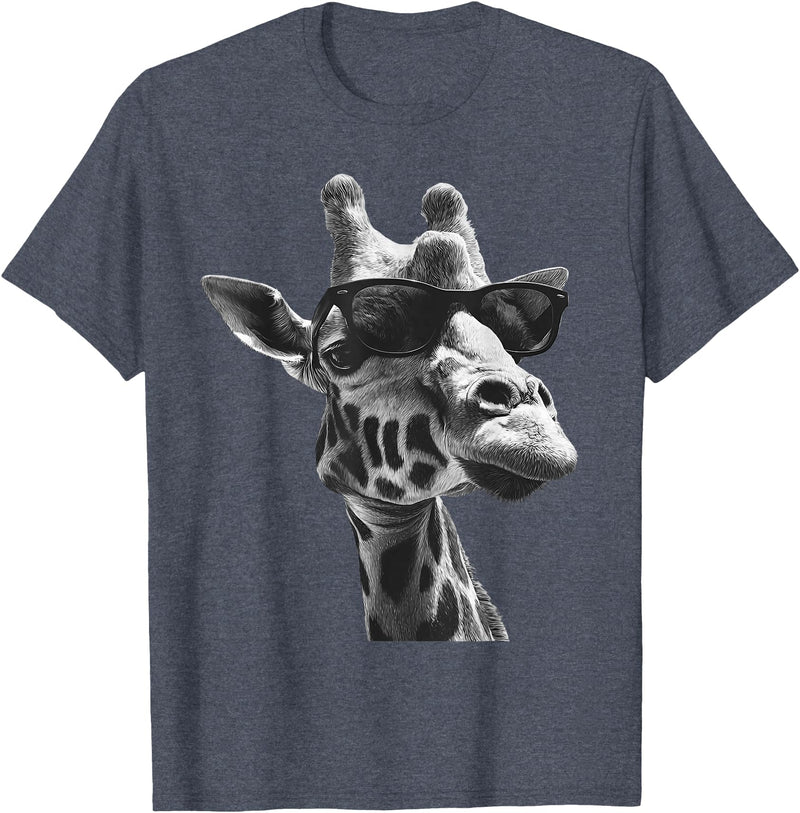 Safari Animal Art Giraffe with Sunglasses Wildlife Safari Giraffe Animal Lover T-Shirt - Heather Blue