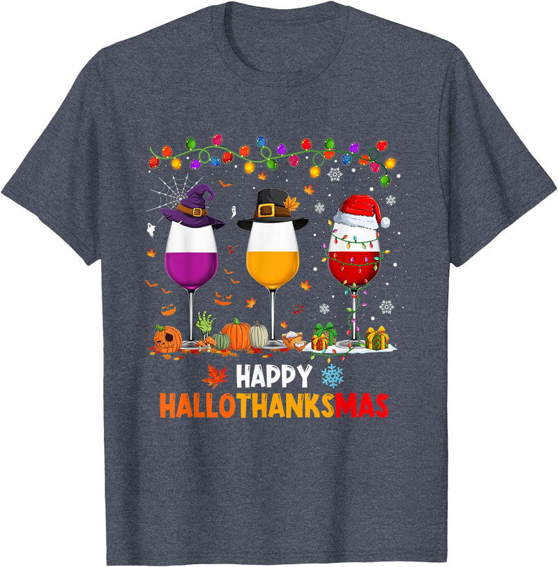 Funny Halloween Thanksgiving Christmas Wine Halloween Thanksgiving Christmas Happy Hallothanksmas T-Shirt - Heather Blue