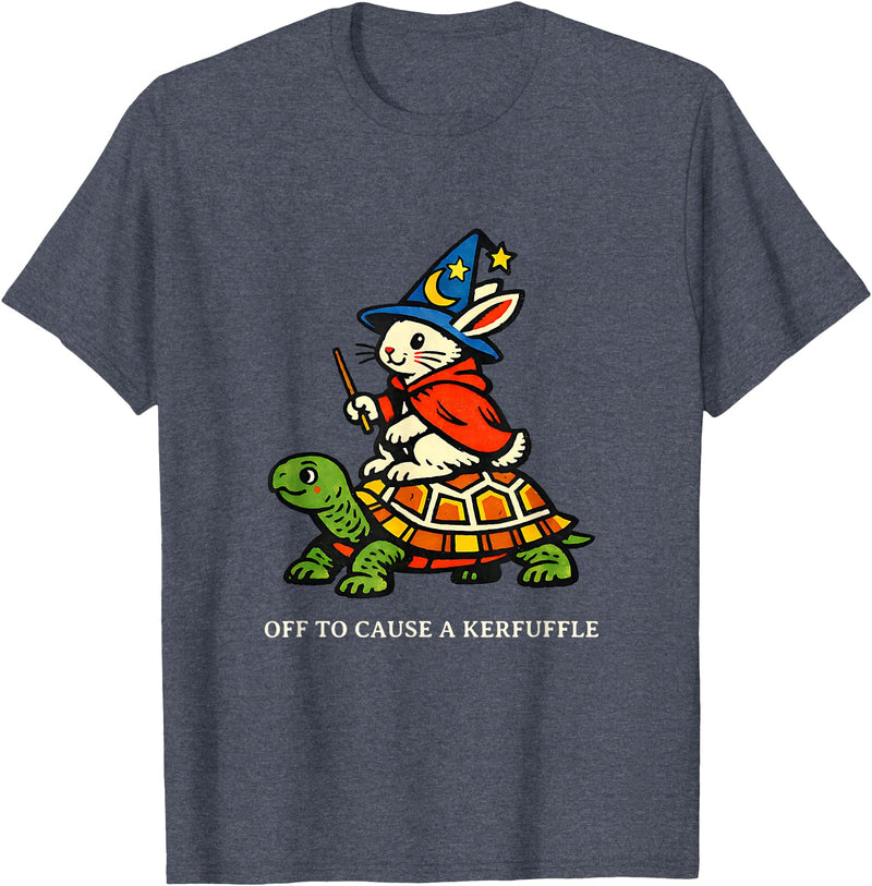 Off to Cause a Kerfuffle Bunny Rabbit Turtle T-Shirt in Heather Blue