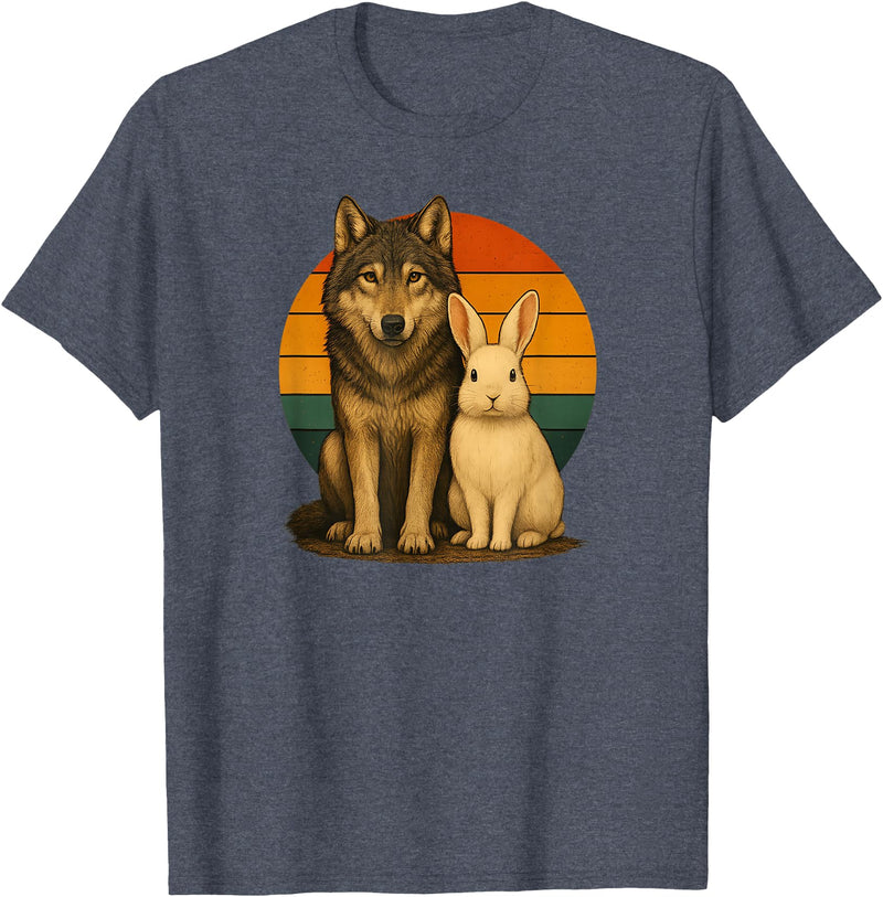 Wolf Rabbit Retro Animal Friends T-Shirt in Heather Blue